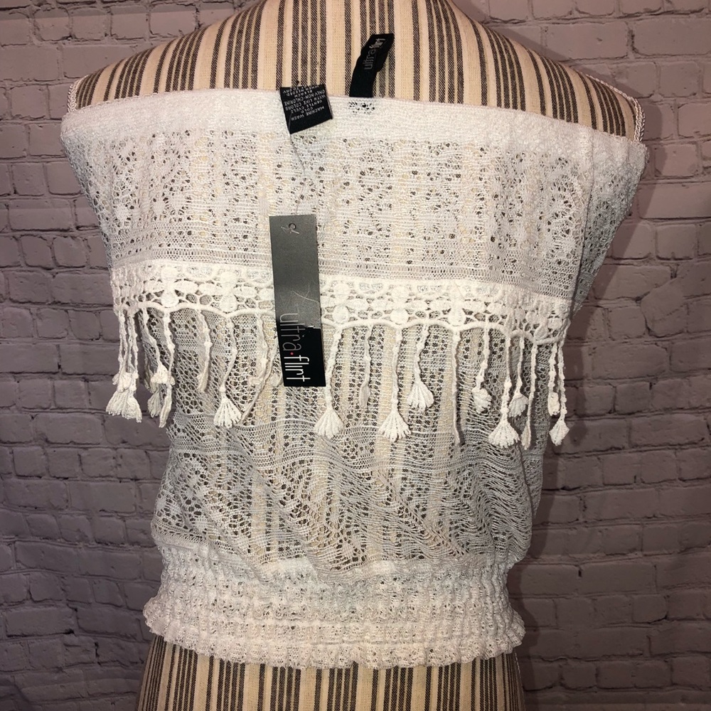 NWT Ultra Flirt White strapless lace top.